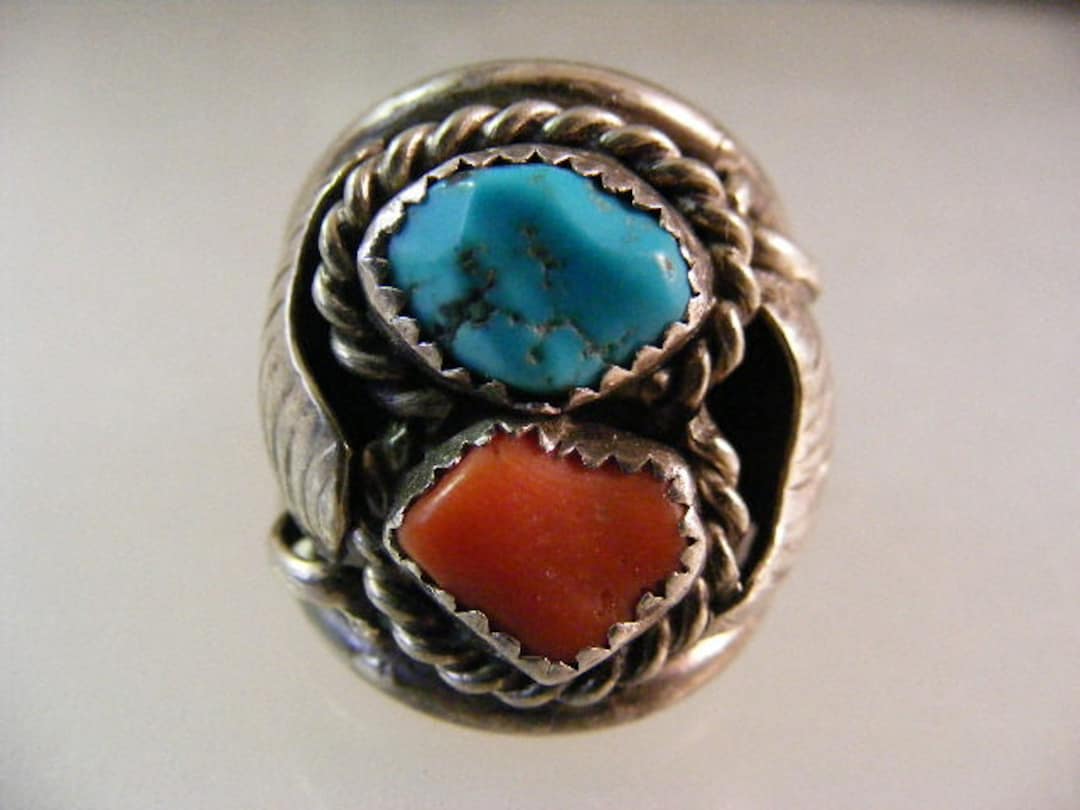 Large Vintage Southwest Mens Turquoise and Red Coral Ring in Sterling ...