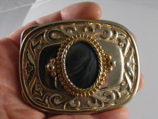 Vintage Gold Tone Banded Agate Cabochon Western Belt Buckle  display picture 1