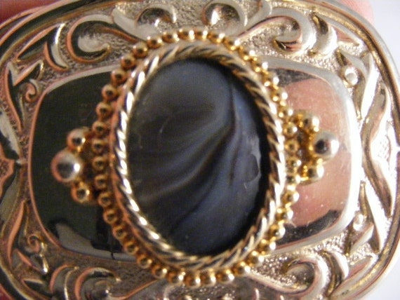 Vintage Gold Tone Banded Agate Cabochon Western Belt Buckle  display picture 1