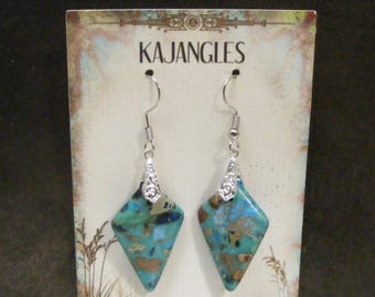 Block Turquoise with Matrix Long Dangle Pierced Earrings OOAK..... Lot 6816