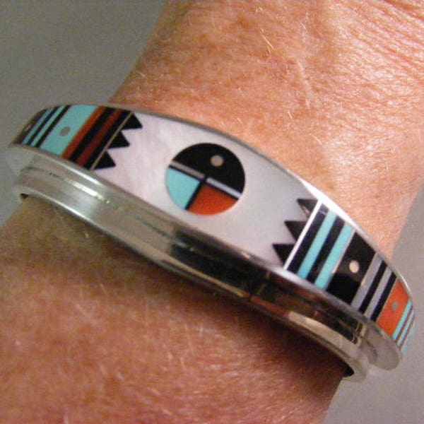 Outstanding Vintage Native American Inlaid Cuff Bracelet by Award Winning Navajo Silversmith Earnest Benally.....   Lot 5520