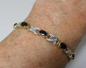 Jahrgang echte blau schwarz Saphir Infinity Armband in zwei Ton Sterling Silber Vermeil... Viel 5934
