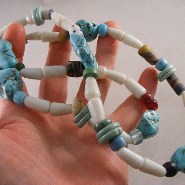 SALE...Was 67.75..... Vintage West African Turquoise Glass Pottery Trade Beads Strand Necklace ...27 inch......Lot 4016