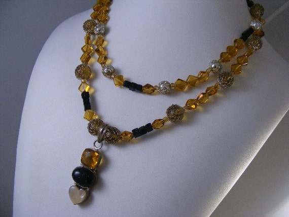 Vintage Gold and Goldstone Bead Necklace with Ste… - image 1