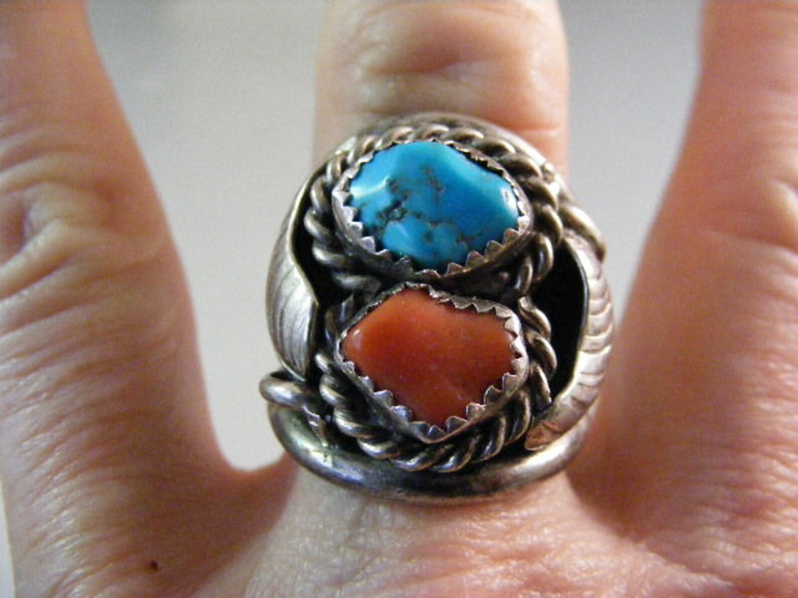 Large Vintage Southwest Mens Turquoise and Red Coral Ring in Sterling ...