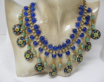 Vintage  Cloisonné  and Glass Bead Bib Choker Necklace with Gold Tone accents .....  Lot #6825