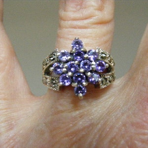 Vintage Amethyst Color Cubic Zirconia  Ring in Sterling Silver with Marcasite accents.....  Lot 6442