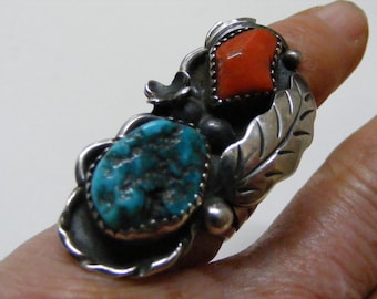 Vintage Navajo Signed I. Curly Turquoise Coral Ring in Sterling Silver  Lot 6844