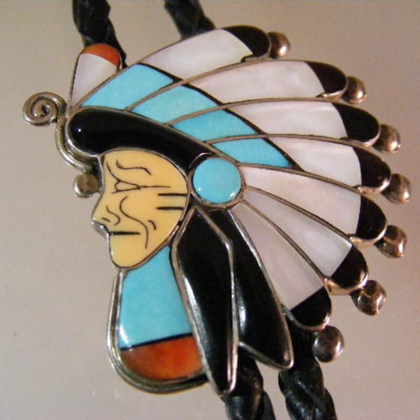 Large Vintage Native American Zuni Indian Chief Inlay Bolo Tie by Gerlinda Quam...  Lot 5563