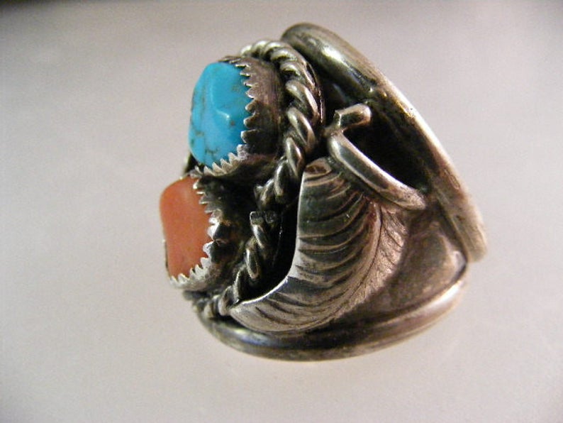 Large Vintage Southwest Mens Turquoise and Red Coral Ring in Sterling ...