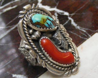 Large Vintage Southwest  Mens Turquoise and Branch Coral  Silver Ring, SIZE 13 .....  Lot 6833