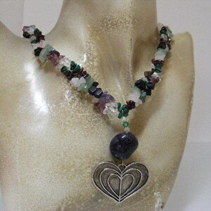 Vintage Heart Pendant Two Strand Gemstone Bead Necklace, 20&quot; Long..... Lot 6469