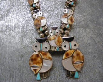 Vintage Signed Zuni Owl Inlay Squash Blossom  Petite Necklace by Homer..... Lot #6866