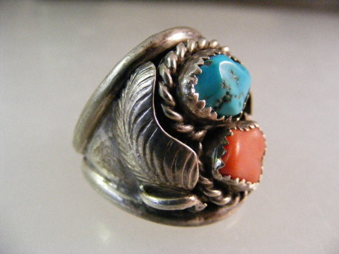 Large Vintage Southwest Mens Turquoise and Red Coral Ring in Sterling ...
