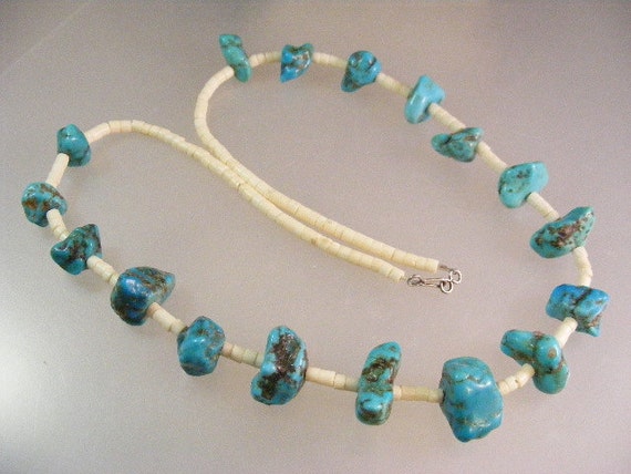Simplistic Vintage Native American Navajo Turquoise Nugget Sterling Silver Necklace Old Simplistic Vintage Native American Navajo Turquoise Nugget Sterling Silver Necklace Old