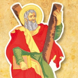 Może przedstawiać: Kolorowa ilustracja postaci religijnej trzymającej duży drewniany krzyż i książkę. Postać ubrana jest w czerwone, zielone i żółte szaty, z aureolą. Obraz ma styl vintage, rysowany ręcznie.