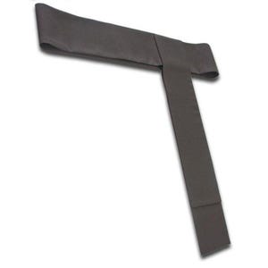 May include: A dark gray obi belt, a traditional Japanese sash, is displayed against a white background. The belt is rectangular and appears to be made of a soft, flexible material. The obi is folded and tied, with a long, straight section hanging down.