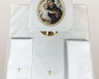 Linnen set voor de kelk van Sint Antonius – bedrukte afbeelding van de heilige, geborduurde kruisdetails