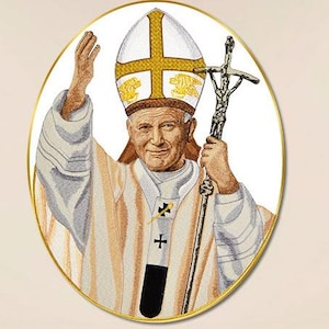 May include: An oval illustration of a man in white and gold religious attire, holding a cross. The man is smiling and raising his right hand. The image has a gold border and is set against a cream background.