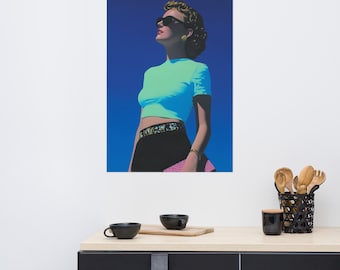 Retro Fashion Woman Poster, 80s Pop Art Portrait, Chic Summer Aesthetic, Vintage Vogue Style, Cool Girl Wall Art, Blue Sky Print