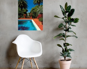 Mediterranean Garden Pool, Old Money Aesthetic Print, Italian Villa Decor, Lush Botanical Art, Summer Courtyard Poster, Red Tile Poolside