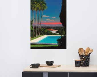 Hollywood Hills Sunset Poster, Luxury Poolside View, Vaporwave City Skyline, 80s Dream Home Art, California Evening Wall Decor