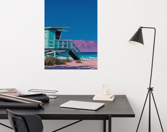 Santa Monica Lifeguard Tower, Pastel Beach Art, Minimalist Coastal Decor, Teal and Pink Aesthetic, Wes Anderson Style, California Print