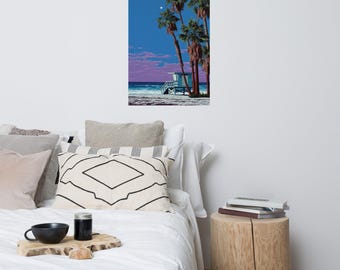Purple Sky Beach Poster, Vaporwave Palm Trees Print, Dreamy Lifeguard Tower, Synthwave Moon Art, Retro 80s Surreal Landscape