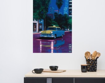 Retro Night Taxi Poster, Rainy City Pop Art, Urban Street Reflection, 80s Noir Aesthetic, Vintage Car Wall Decor, Midnight Drive Print