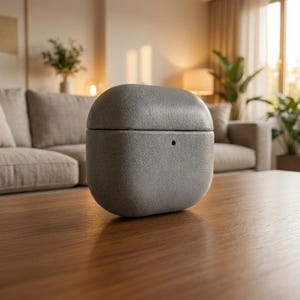 May include: A gray, textured case for wireless earbuds. The case has a rounded, pebble-like shape and a small, circular opening. It sits on a wooden table in a living room setting.