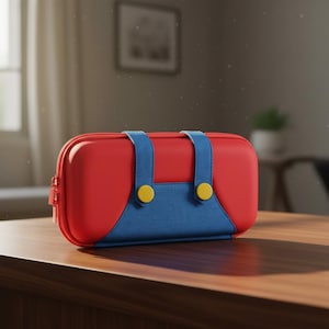 May include: A red and blue case with yellow accents, resembling the outfit of a popular video game character. The case has a zipper closure and blue straps with yellow button details. The case is sitting on a wooden surface.