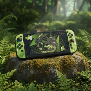 Peut inclure: Une console Nintendo Switch noire et verte avec un design unique. Les manettes présentent des touches de vert et un graphisme détaillé sur l'écran. Le graphisme comprend une créature stylisée et des formes géométriques. La console repose sur un rocher recouvert de mousse.