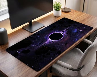 Cosmic Black Hole Desk Mat | Galaxy Gaming Mouse Pad | Purple Space Themed Desk Accessory