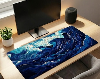 Blaue Japanische Welle Kunst Schreibtischmatte | Gamer Maus Unterlage | Bürotisch Teppich