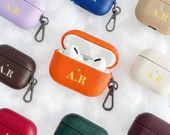 Personalized Vegan Leather AirPods Case – Custom Embossed Gold Foil Initial - Protective Cover for AirPods 1/2/3/4/Pro/Pro2/Pro3/Pro4