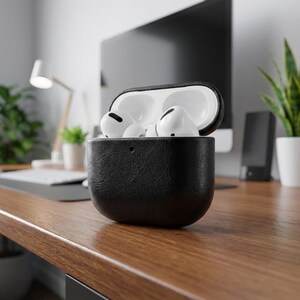 May include: Black leather AirPods Pro case with white AirPods inside, open on a wooden desk. The case is textured and has a black interior. A computer monitor and desk lamp are in the background.