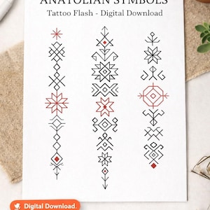 Puede incluir: Una hoja blanca con el texto "ANATOLIAN SYMBOLS" y "Tattoo Flash - Digital Download". Presenta tres diseños de tatuajes tribales verticales en negro y rojo, con formas geométricas y líneas finas. También están presentes las palabras "MINIMAL • GEOMETRIC • TRIBAL".