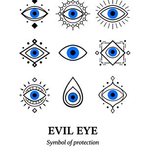 May include: Nine stylized evil eye designs with blue irises and black outlines on a white background. The text "EVIL EYE" and "Symbol of protection" are below the designs. The eyes are in various geometric shapes.