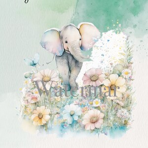 6 cartões digitais de felicitações para recém-nascidos, elefante, girafa, download digital, PNG redimensionável, aquarela. Use a nossa ou a sua própria saudação!