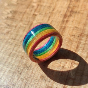 May include: A vibrant wooden ring with a rainbow pattern. The ring showcases bands of red, orange, yellow, green, and blue. The ring is crafted from wood and has a smooth, polished surface. A unique piece of jewellery.