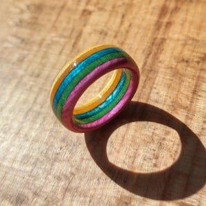 Puede incluir: Un anillo de madera multicolor con un diseño de arcoíris. El anillo presenta bandas de amarillo, turquesa, verde, rosa y naranja. El anillo está hecho de madera y tiene un acabado liso y pulido. Una joya única.