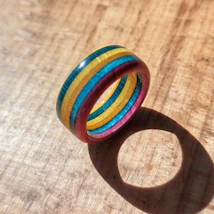Puede incluir: Un anillo de madera colorido con bandas amarillas, turquesas y magenta. El anillo está hecho de madera en capas, creando un efecto rayado. Se encuentra sobre una superficie de madera, con una sombra proyectada a la derecha.