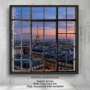 Può includere: Una stampa artistica da parete incorniciata che mostra una vista della Torre Eiffel a Parigi al tramonto attraverso una cornice di finestra in stile industriale nero. La scena mostra la torre illuminata sopra gli edifici sotto un cielo viola e arancione.