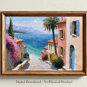 Stampa Digitale Costiera Mediterranea, Quadro Impressionista Mare, Poster Paesaggio Marino, Arte Digitale Stampabile Olio su Tela