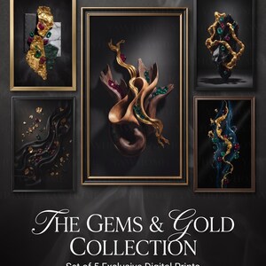 Può includere: Un set di cinque stampe digitali incorniciate intitolato THE GEMS & GOLD COLLECTION. Ogni stampa presenta composizioni astratte di elementi dorati, texture scure e gemme rosse e verdi incastonate su sfondi scuri con cornici varie.