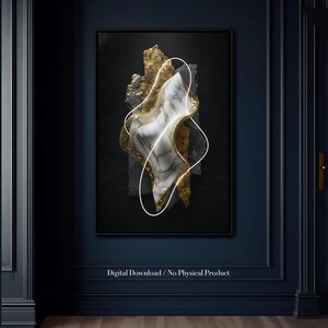 May include: A rectangular wall art print featuring a central abstract composition of layered white marble, textured gold leaf, and dark charcoal stone elements, all encircled by a continuous, glowing white neon-style line on a solid black background.