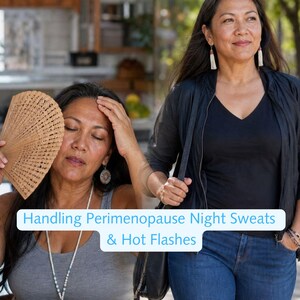Peut inclure: Une couverture de livre intitulée Is It Hot In Here? Handling Perimenopause Night Sweats & Hot Flashes par Sabriga Turgon. L'image présente deux représentations d'une personne, l'une utilisant un éventail en bois et l'autre debout.