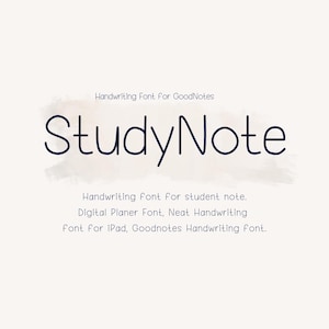 May include: A digital graphic with the words "StudyNote" in a handwritten font. The text is dark blue and set against a light beige background with a watercolor-style wash. Additional text describes the font's use for student notes and digital planners.