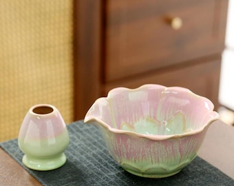 Lotus Matcha Set, Handmade Ceramic Chawan with Ombre Glaze - Spout | Japanese Tea Ceremony Kit with Spoon,Bamboo Whisk & Holder–Gift for Her