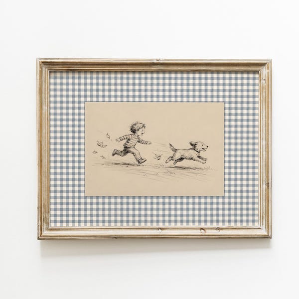 Jungen-Kinderzimmer-Wandkunst, Junge und Hund Druck, blaue Gingham Storybook-Dekor